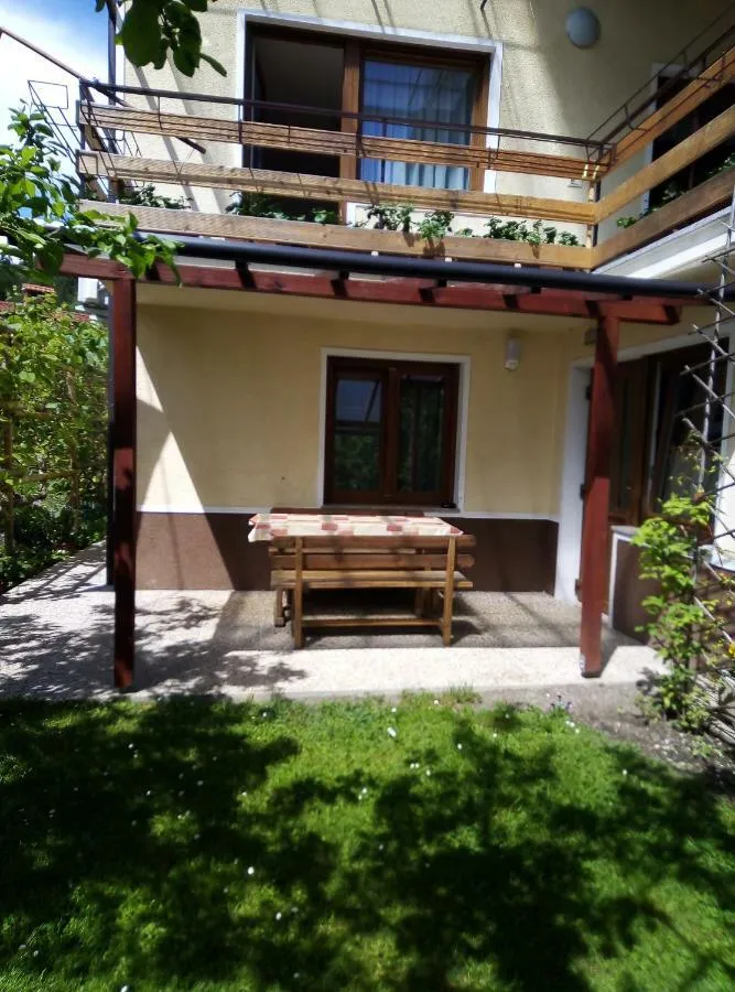 Pokrita terasa z leseno mizo in klopmi, za njo trata